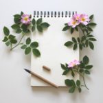 notebook, decorative flowers and leaves, open cap pen for notes